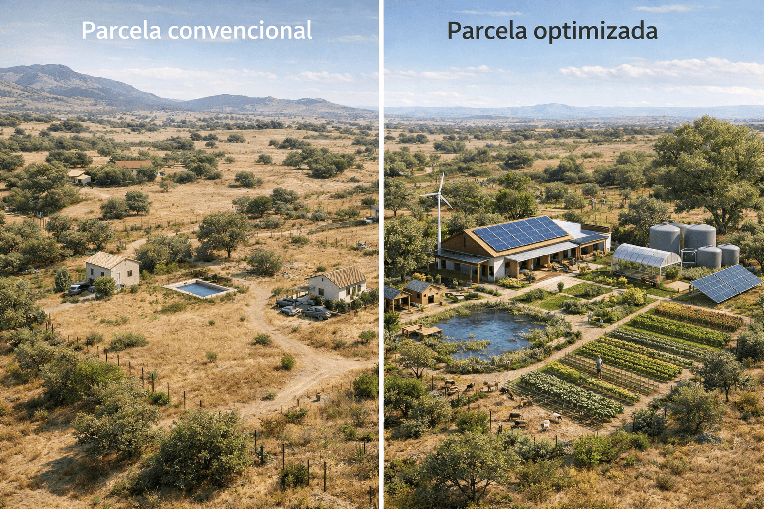 Comparativa visual entre parcela convencional y finca autosostenible optimizada
