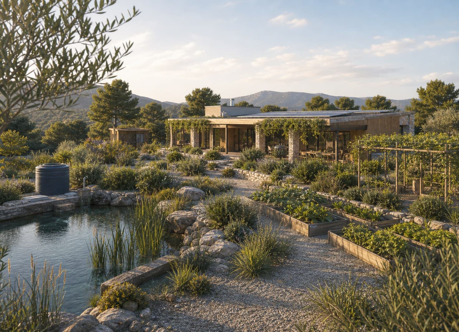 Vista conceptual de una finca autosostenible con vivienda, agua y paisaje productivo.